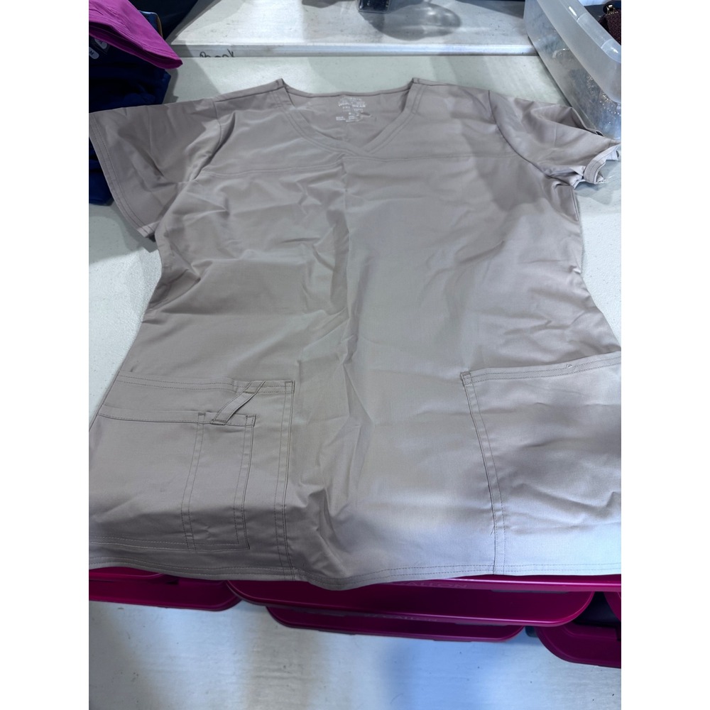 Cherokee Workwear Premium Core Stretch V-Neck Scrub Top Khaki Tan Womens Medium